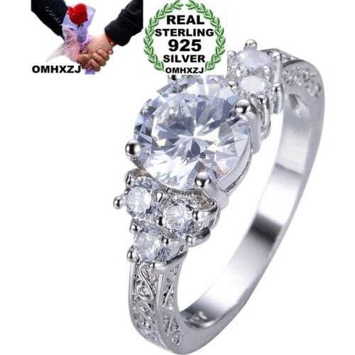 OMHXZJ Wholesale European Fashion Woman Man Party Wedding Gift White Round Luxury AAA Zircon 925 Sterling Silver Ring RR28