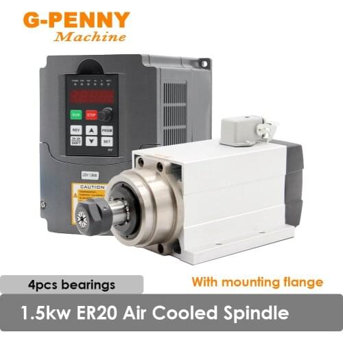 NEW Arrival 1.5KW ER20 Air Cooled Spindle Motor Square Spindle With mounting flange & 1.5kw Huanyang Inverter 4 PCS Bearings