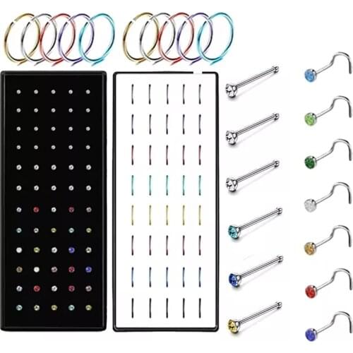 40/60Pcs Straight Nose Stud Curved Pack Crystal Nose Ring Set Stud Lot Nariz Cuff Nase Pircing Clip Nose Ring Set Bend Piercing