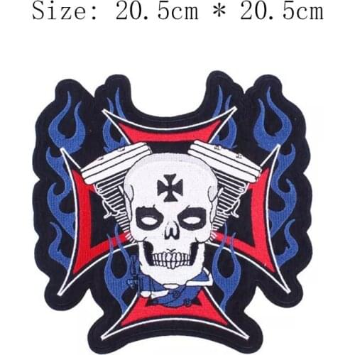 Skull head cross embroidery patch 20.5cm wide for Motorcycle club iron on sew on emblemas for full back blue flame on the jaket
