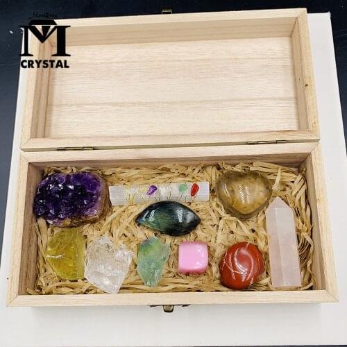 Natural rough crystal stone gemstone mineral specimen healing Reiki quartz rock Amethyst cluster Citrine Wooden box suit gift