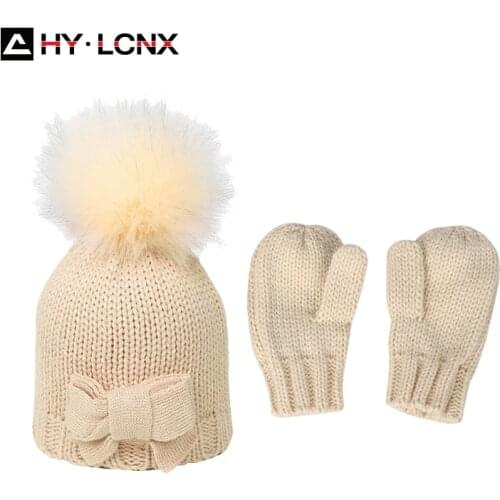 New Baby Knitted Hat Gloves Winter Autumn Warm Kids Girls Boys Knit Hats Children Windproof Ear Bow Cute Glove Lovely Beanie Cap