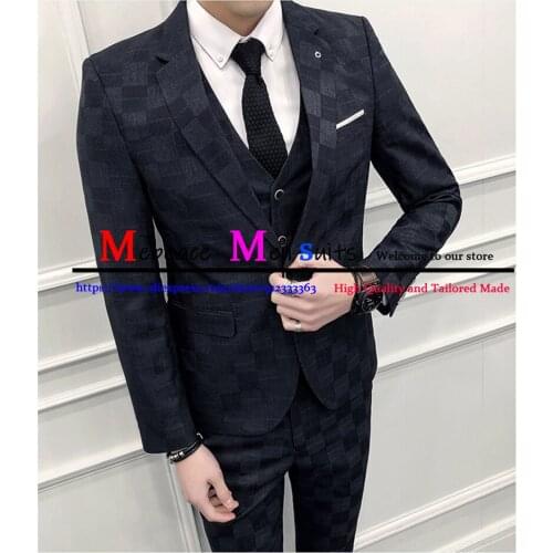 2021 Latest Design Black Plaid Formal Men Suits Fashion Groom Tuxedos Wedding Party Men Suits Three-Piece Suit Jacket+Vest+Pants