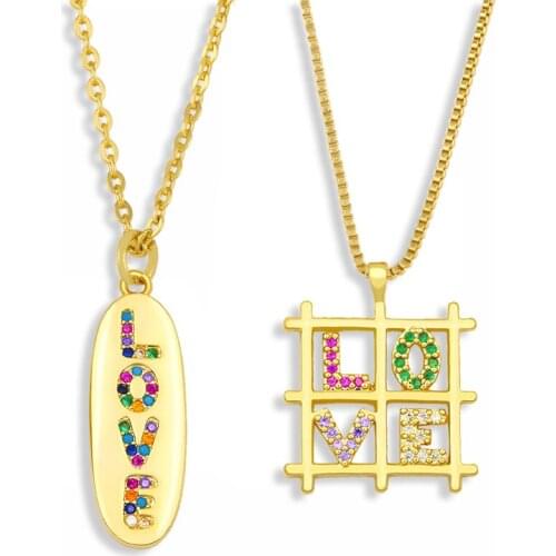 FLOLA Crystal Love Letter Necklace For Women With Stone Oval Pendant Necklace Geometric CZ Zirconia Rainbow Jewelry Gifts nket22