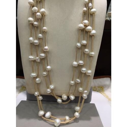 10-11MM Baroque Natural fresh water pearl necklace long necklace 80CM multilayer leather free shipping fashion women jewelry