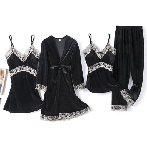 Pajamas For Women Sexy Lace Trimmed Nightwear Kimono With Chest Pad 4-Piece Sleepwear Suits Casual Home Clothes Night gowns