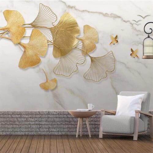 Custom Wallpaper 3D Modern Fashion Light Luxury Mural Hand-painted Golden Ginkgo Leaf Flying Bird Marble Background Wall обои