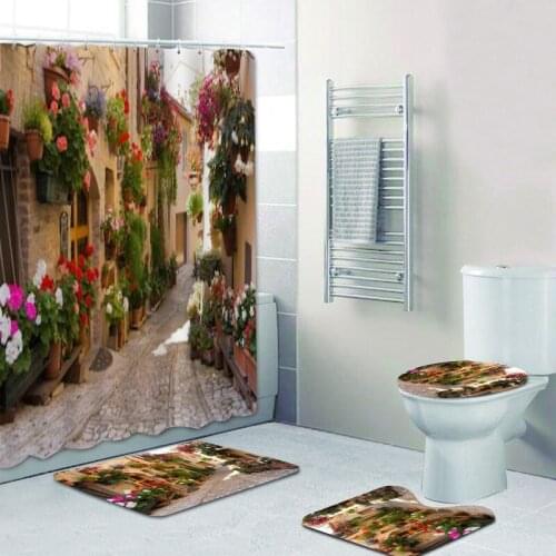 Romantic Medieval 3D Floral Alley Shower Curtain Garden Waterproof Streets with Flowers Bath Curtain for Bathroom Mat Home Decor