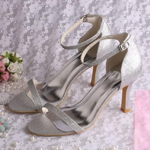 Stilleto Sandals Bridal Sandals Silver Shiny Glitter Ladies Party Wear Shoes Simple