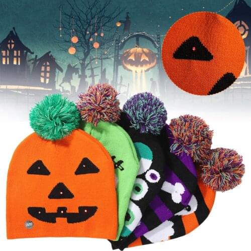 LED Halloween Glowing Knit Cap Skull Ghost Hat Christmas Sweater Beanie Light Up Knitted Hat Halloween Adult Christmas Party