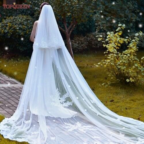 TOPQUEEN V77 Beautiful Chapel Wedding Veil With Flower Ivory Bridal Tulle With Lace Embroidery For Marriage Accessories