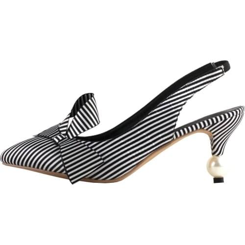 LF60438 SHOW STORY Retro Black White Stripes Bow Pointed Toe Pearl Heel Dress Artsy Heels Slingback Pump