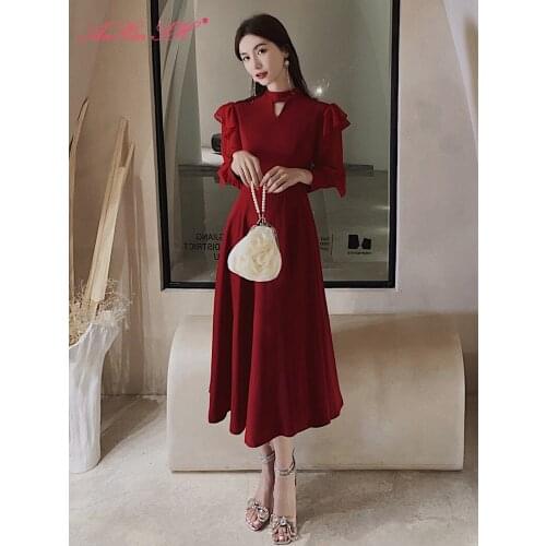 AnXin SH princess wine red o neck long sleeve chiffon evening dress vintage party ruffles zipper a line long red evening dress