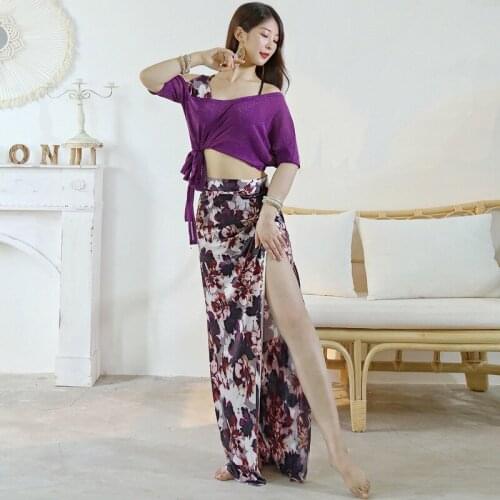 Oriental Practice Wear Performance Dancing Women Bellydance Belly Dance Costume Set floral ruffle Top Split Long Skirt Suit