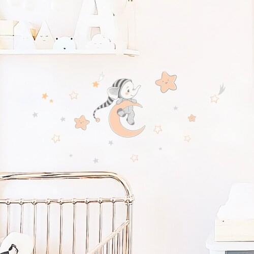 Funny Cartoon Baby Elephant Stars Moon Wall Sticker Kids Room Kindergarten Classroom Dorm Creative Wallpaper Animal Home Decor