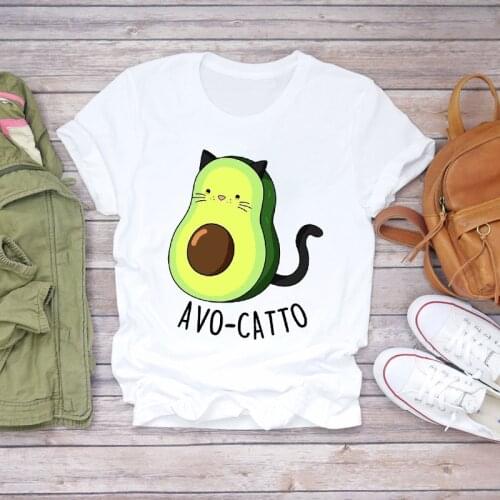 Women Cartoon Avocado Cat Fruit Love Cute 90s Print Lady T-shirts Top Womens Stylish T Shirt Ladies Sweet Tee T-Shirt