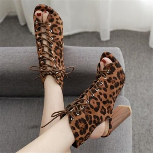 Women shoes Summer Flock Lace Up Square heel 11.5cm Peep Toe womens shoes thick high heel strap leopard fish mouth sandals