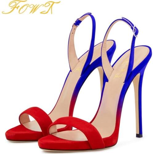 Red Bule Gradient Stilettos Womens Sandals 2021 Super High Thin Heels Buckle Strap Summer Party Fashion Ladies Shoes Size 41 42
