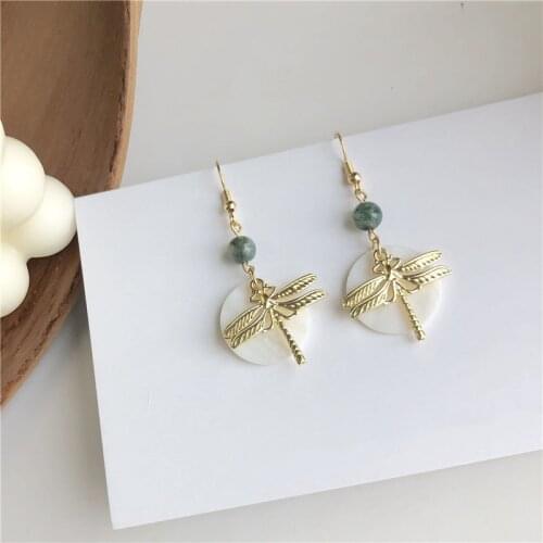 Funny Round Beads Disc Dragonfly Metal Stitching Drop Earrings Cute Insect Pendent Earrings for Women Girls Kid Ear Jewelry Gift