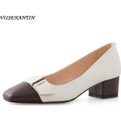 Retro Thick Heel Shallow Shoes Color Matching Square Toe Mid-heel Womens Shoes Autumn 2021 New Simple Commuter High Heels