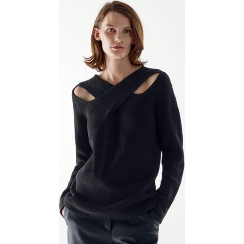 Autumn And Winter Womens V-Neck Hollow Out Long Sleeve Black Pullover Knitted Sweater