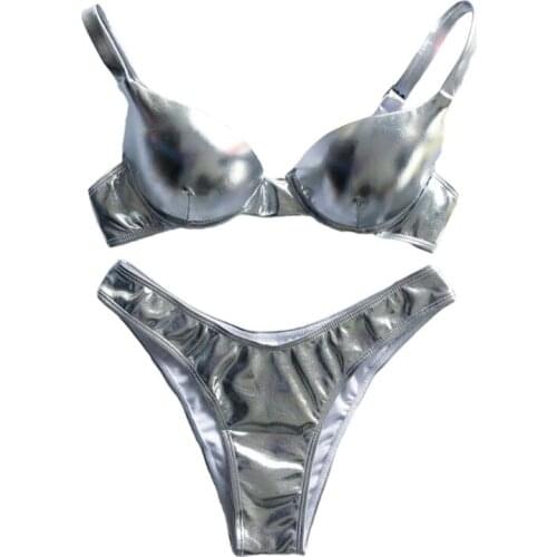 Women Sexy Bikini Reflective Shiny Metallic Swimsuit Push Up Underwire Beachwear A0NF