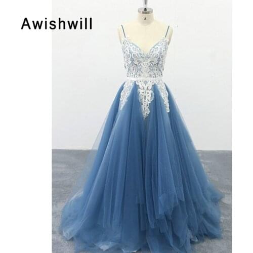 Abendkleider 2020 Blue Party Formal Gowns Spaghetti Strap Lace Tulle A-line Elegant Prom Dress Plus Size Backless Evening Dress