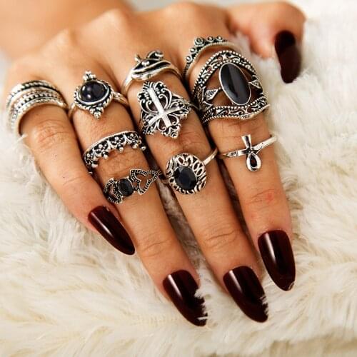 11pc Gothic Ring Set, Black Onyx Band, Crucifix Jewelry, Evil Eye Indie , Stacking Ring Set, Midi Statement Rings, Gift #XJ30D