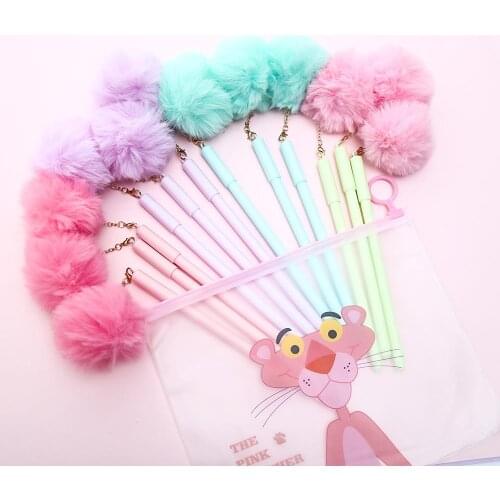 12pcs Kawaii Gel Pen Cute Korean Candy Color fluffy Pendant School Signature Ink Pens Creative Cool Office Stationary Accessorie