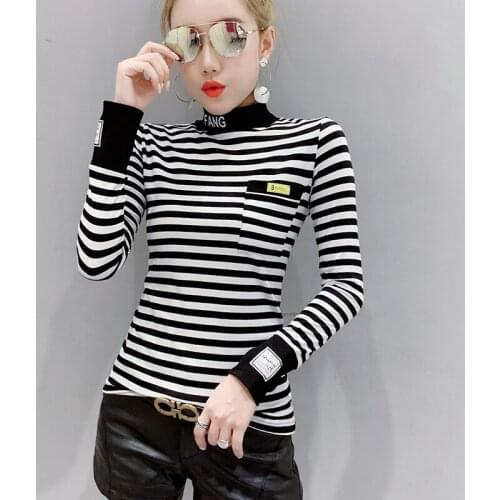 2019 Autumn And Winter New T Shirt Women Autumn Striped Tops Harajuku Tshirt Long Sleeve Korean High Collar Fashion Slim T shirt