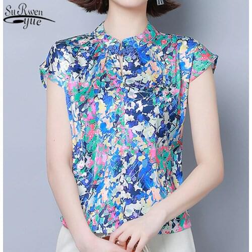 2021 Summer New Style Silk Short Sleeve Floral Blouse Women Plus Size Printed Pullover Ladies Shirt Slimming Shirt 8681 50