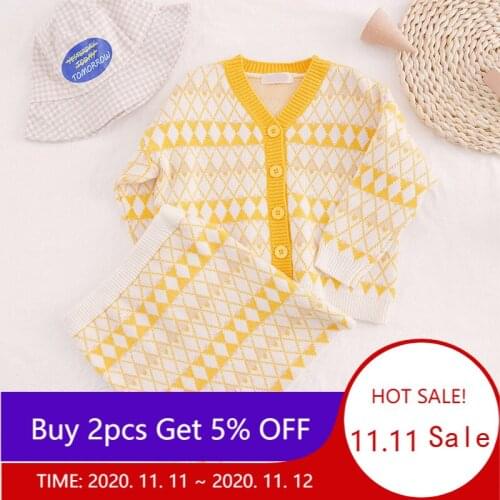 2021 New Fashion Children Girls Princess Sets Autumn Winter Girls Plaid Knitted 2Pcs Outfits Kids Party Elegant Clothing Costume