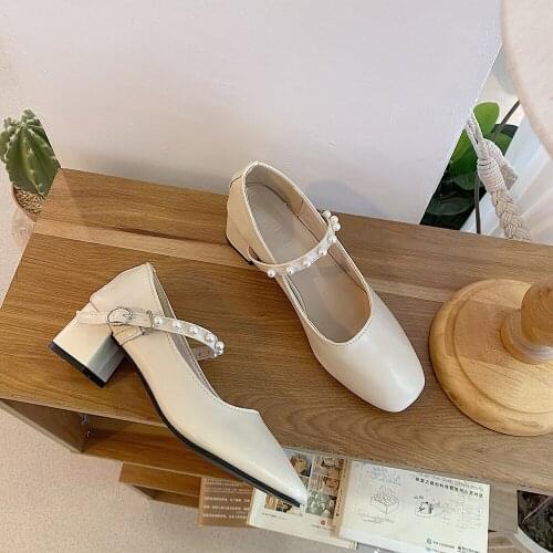 2021 Pumps shoes for women pearl autumn and summer new thick heel vintage Mary Jane gentle college style student girl shoes