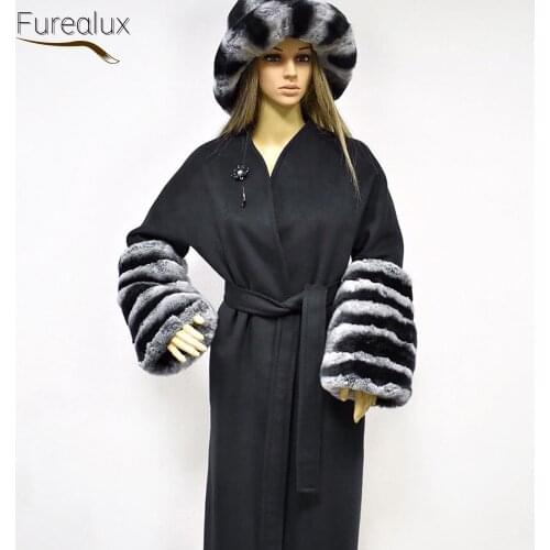 FUREALUX 2021 New Style Real Wool Coat With Natural Rex Rabbit Fur Sleeves Autumn Winter Womens Fashion Warm Parka Clothing