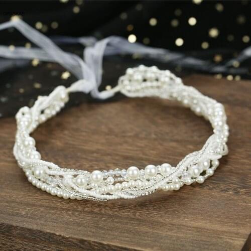 Handmade Bridal Headpieces Wedding Headband with Ribbon Pearl Woven Hair Accessories for Wedding Party VL