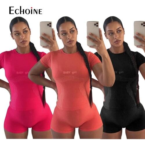 Echoine Elastic Letter Print Fitness Matching Sets Women Summer Outfits Short Sleeve T-shirts and Skinny Short Athleisure Outfit