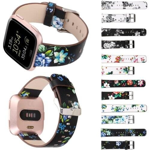 Retro Flower Leather Strap For Fitbit Versa Band Floral Metal Buckle Replacement Watch Bands for Versa Smart Watch Strap w Pins