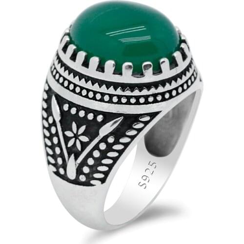 Real 925 Sterling Silver Men Ring with Round Natural Green Agate Stone Male Rings Turkish Handmade Thai Silver Onyx Fine Jewelry