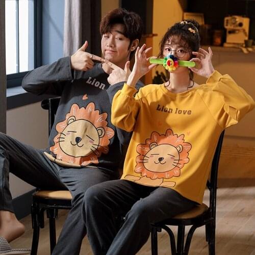 Autumn Warm Couple Pajama Set For Women Cotton Long Sleeve Sleepwear Women Cute Cartoon Lion Lover Pyjamas Casual Men Home Suit