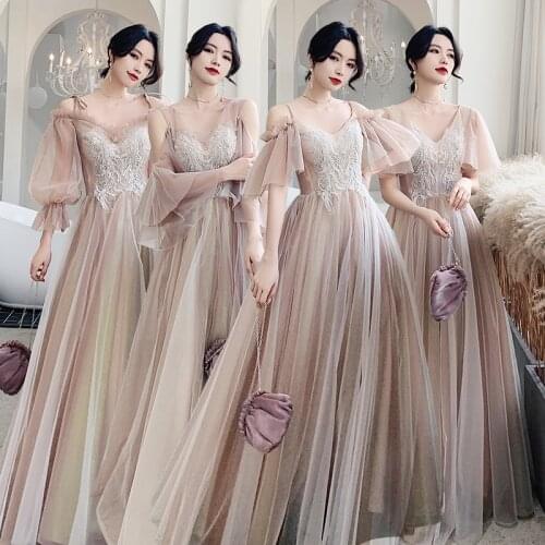 Bridesmaids Dresses Illusion Spaghetti Straps Sequined Embroidery V-Neck A-Line Floor-Length Tulle Women Wedding Party Gown E234