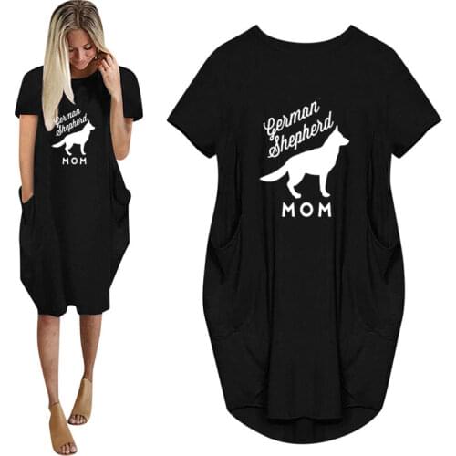 Summer German Shepherd Mom Dog Print Women Casual Loose Dress With Pocket Ladies Fashion O Neck Long Tops Female T Shirt Dress