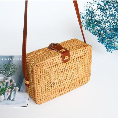 Rattan straw woven small square bag woven womens shoulder portable messenger travel bag