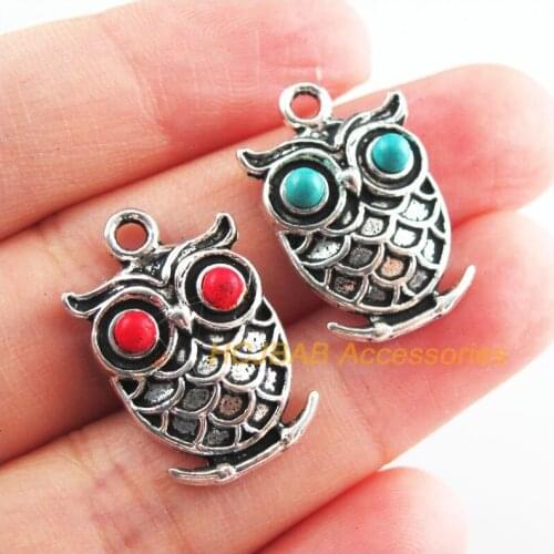 12Pcs Retro Tibetan Silver Tone Animal Owl Birds Blue&Red Stone Charms Pendants 16x24mm