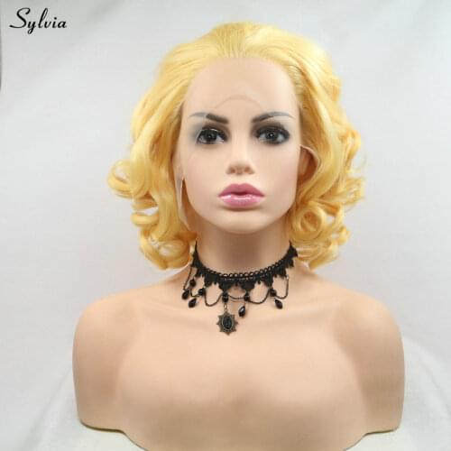 Sylvia Bob Curly Yellow Wig Cosplay Synthetic Lace Front Wig Heat Resistant Fiber Hair For Women Girls Short Summer Haircut 14"