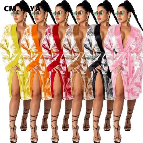 CM.YAYA Women Autumn Winter Benjamin US Dollar Print Open Stitch With Sashes Sleepwear Dress Bodycon Night Club Party Vestidos