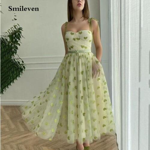 Smileven Green Heart Shape Tull Prom Dresses Ankle Length Spaghetti Straps Corset Evening Dresses Sweetheart A-Line Formal Gowns