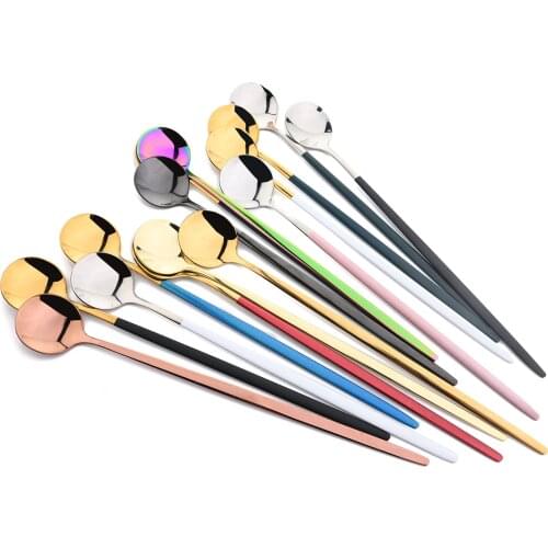 JANKNG 6Pcs Long Handle Ice Spoon Coffee Tea Stir Spoon Stainless Steel Black Cutlery Set Dinnerware Kitchen Dinner Flatware Set