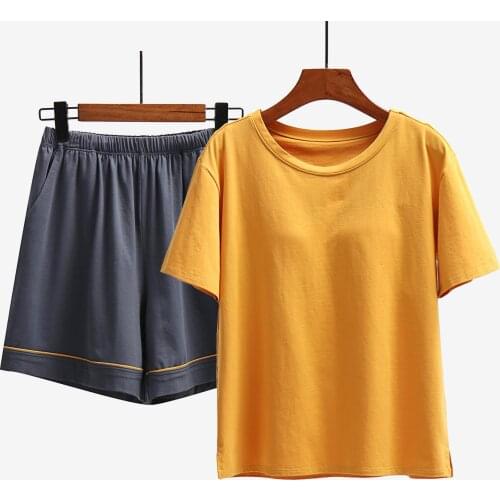 Womens summer thin cotton short-sleeved shorts with chest pad home service two-piece pajamas can go out and relax