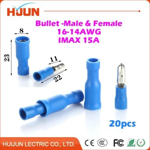 20pcs/lot Bullet-Male & Bullet-Female Quick Disconnect Cable Wire Splice Insulation Terminal Connector 1.5-2.5mm2 16-14AWG 15A