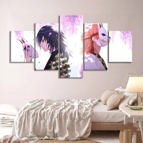 5 Panel Cartoon Demon Slayer Wall Art For Bedside Background Modular Pictures Home Decor Canvas Printed Painting Poster